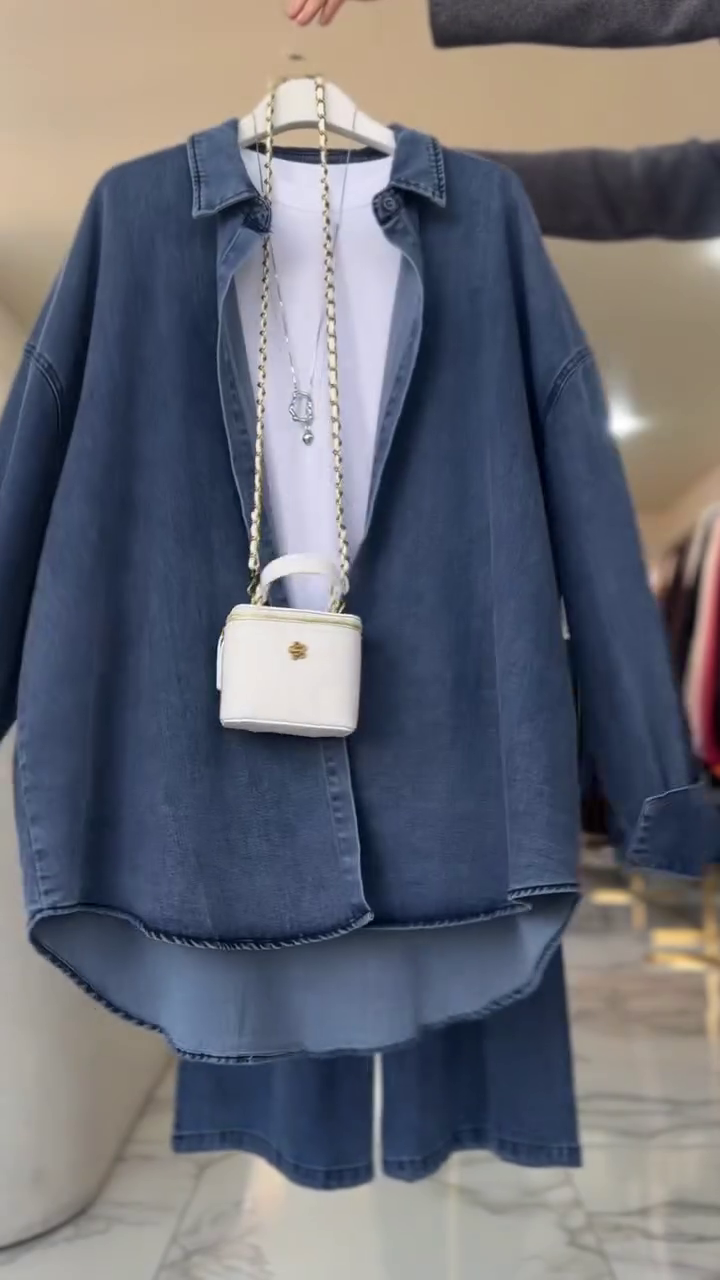 “Denim Duo: Effortless Style with a Matching Shirt and Wide-Leg Trousers”