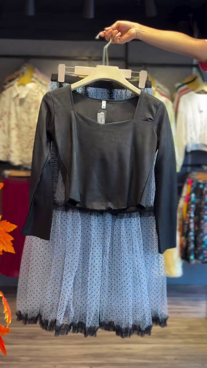“Playful Elegance: Black Long-Sleeve Top with Polka-Dot Tulle Skirt Set”