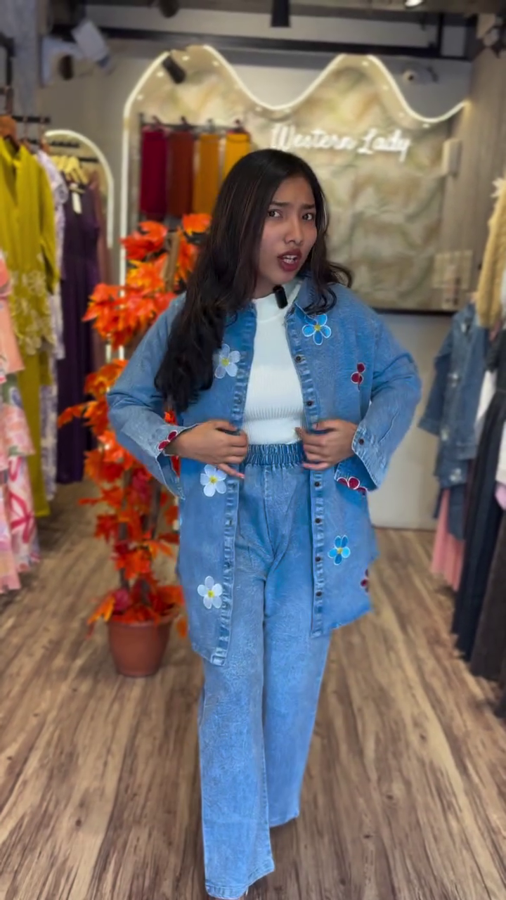 “Bold & Chic: Black Denim Shirt with Colorful Floral Embroidery”