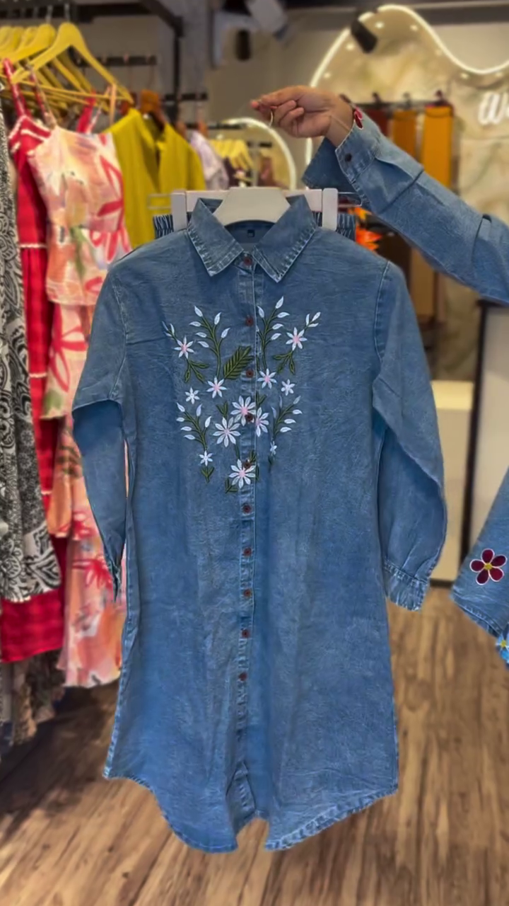 “Bold & Chic: Black Denim Shirt with Colorful Floral Embroidery”