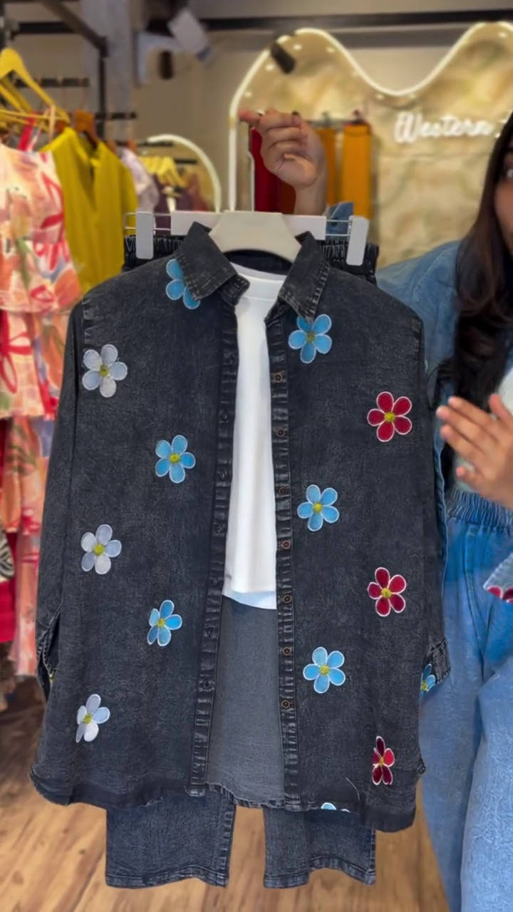 “Bold & Chic: Black Denim Shirt with Colorful Floral Embroidery”
