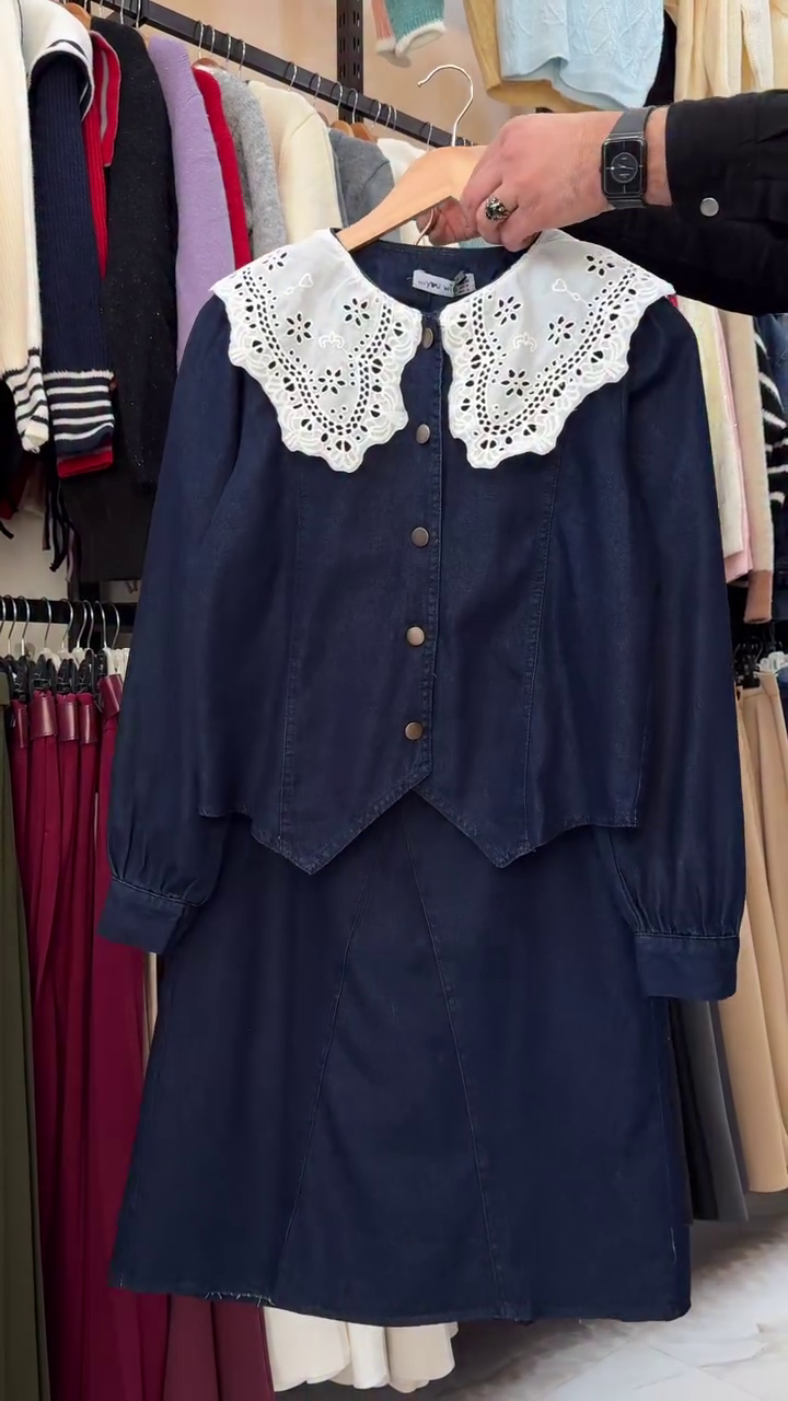 “Effortless Denim: Long-Sleeve Button-Down Top with Matching Skirt Co-Ord Set”
