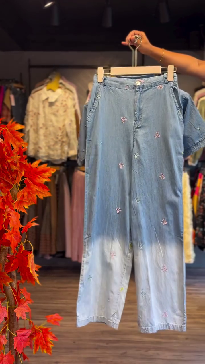 “Trendy Denim Duo: Embroidered Ombre Shirt with Matching Pants Co-Ord Set”
