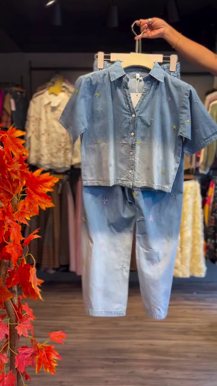 “Trendy Denim Duo: Embroidered Ombre Shirt with Matching Pants Co-Ord Set”