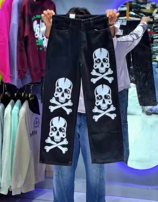 Streetwear Fun Meets Edge: Baggy Charcoal Denim Jeans with Cartoon Character Patches