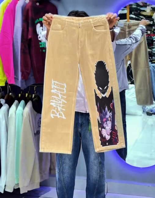 Streetwear Fun Meets Edge: Baggy Charcoal Denim Jeans with Cartoon Character Patches