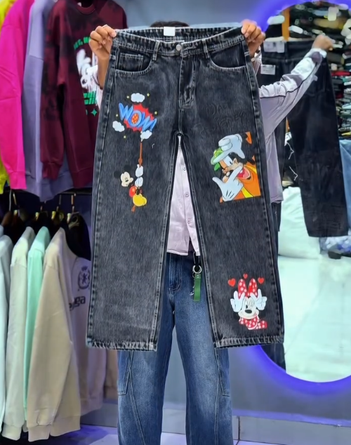 Streetwear Fun Meets Edge: Baggy Charcoal Denim Jeans with Cartoon Character Patches