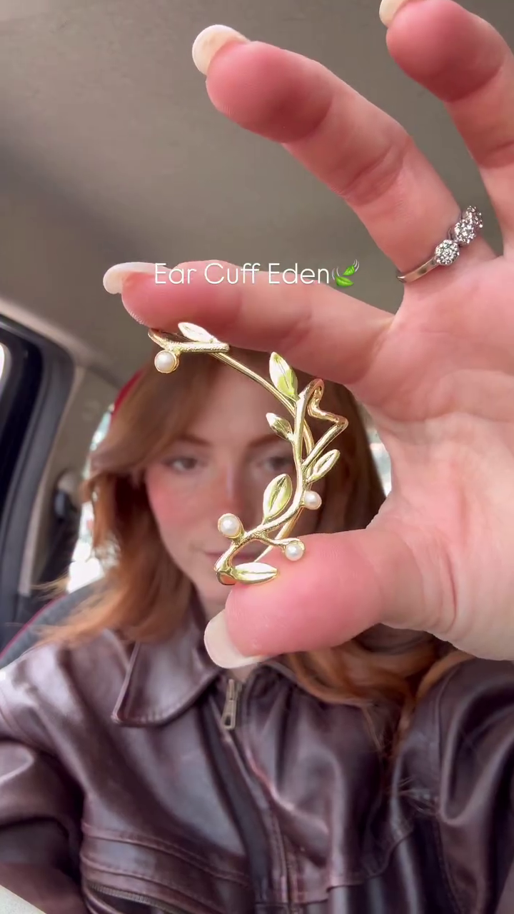 Elegant Nature-Inspired Glam: Gold Ear Cuff with Branch Design, Leaves & Pearl Accents