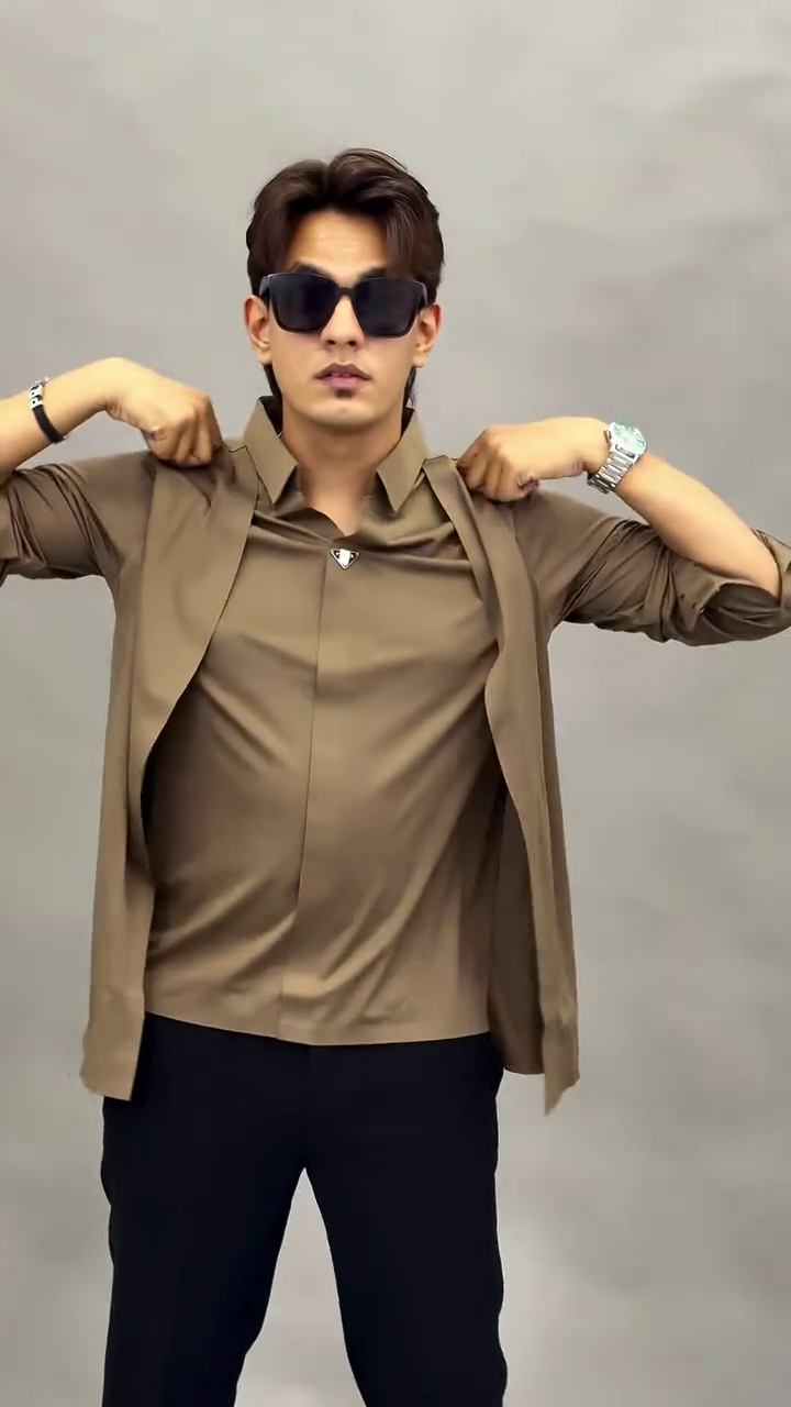 Refined Evening Elegance: Men’s Brown Satin Silk-Like Long-Sleeve Button-Down Shirt
