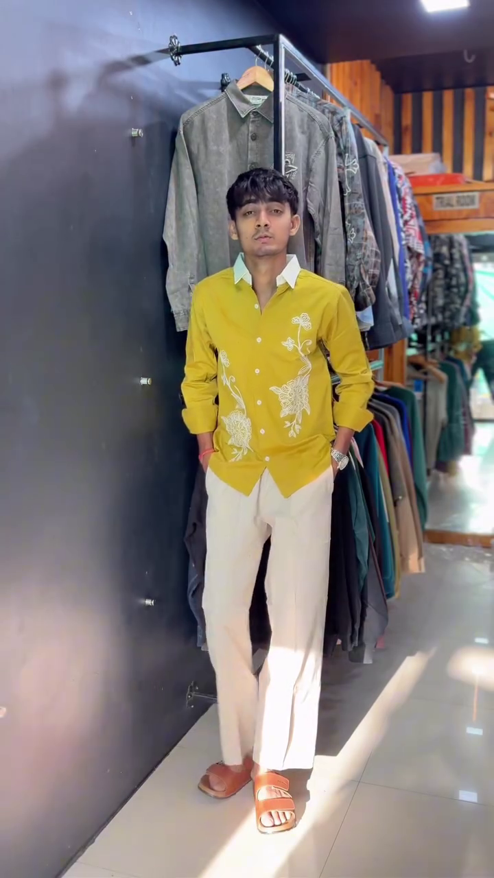 Bold Elegance: Men’s Mustard Yellow Full-Sleeve Shirt with Floral Embroidery