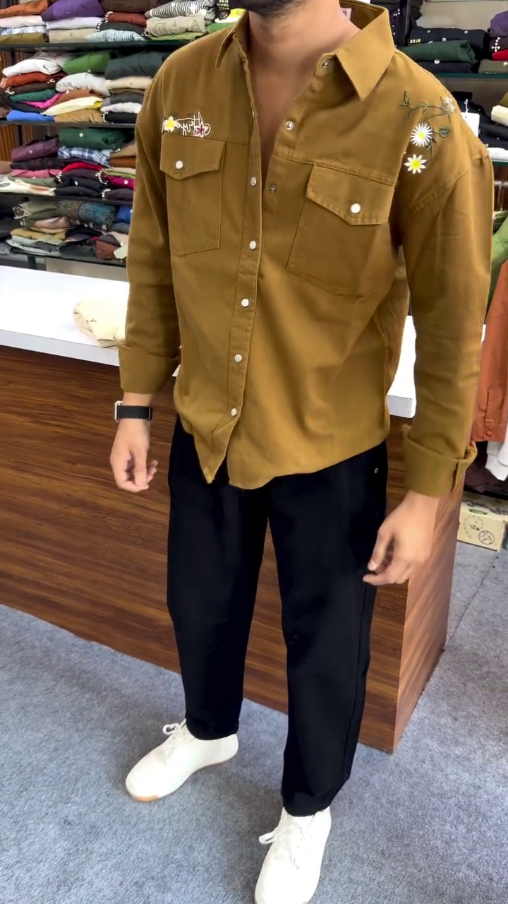 Refined Everyday Style: Dash and Dot Floral Embroidered Casual Shirt for Men