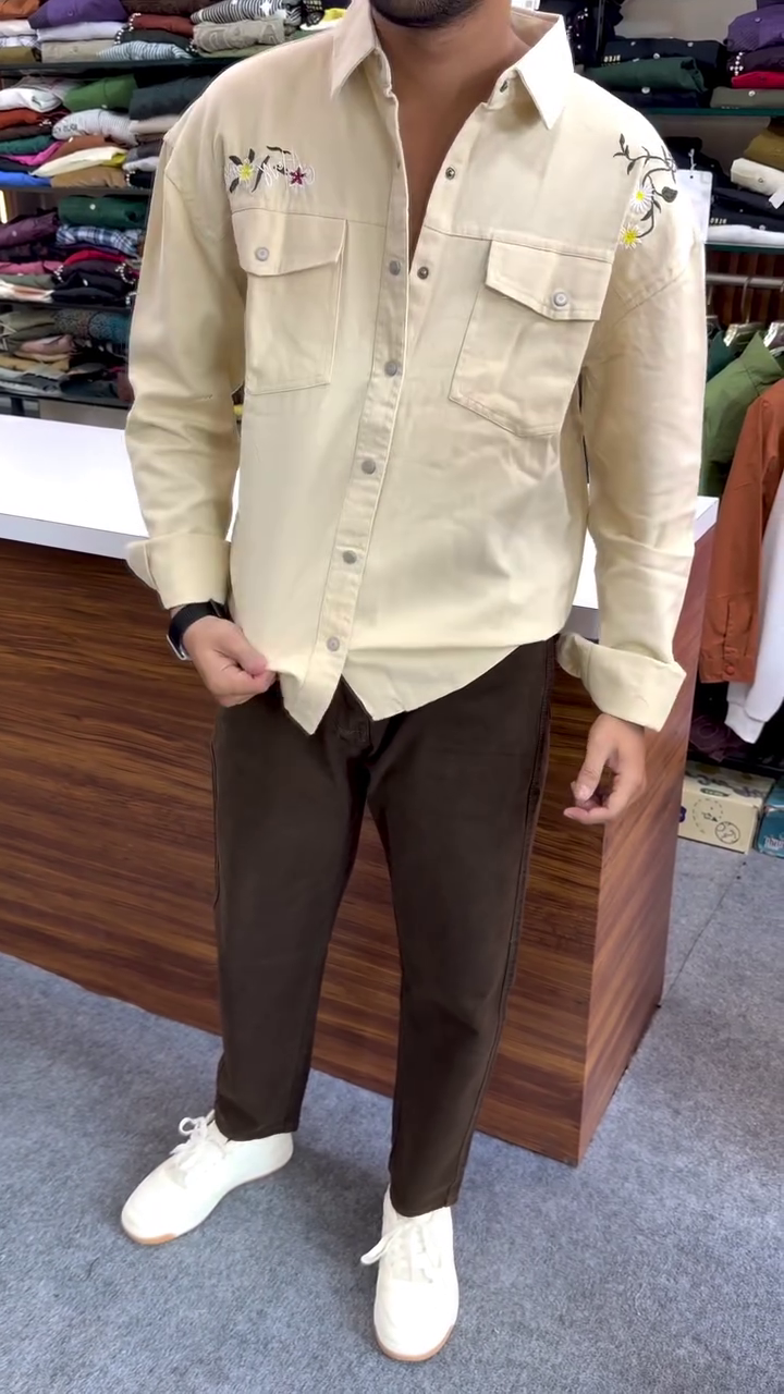 Refined Everyday Style: Dash and Dot Floral Embroidered Casual Shirt for Men