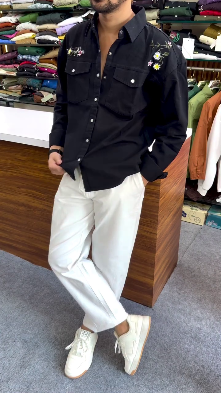 Refined Everyday Style: Dash and Dot Floral Embroidered Casual Shirt for Men