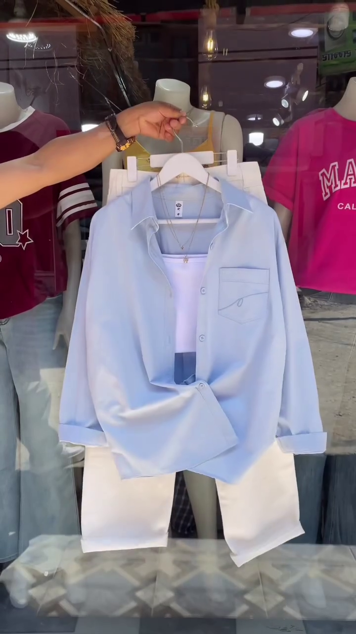 Bold Streetwear Statement: Hot Pink Oversized Button-Down Shirt Set with White Top & Trousers