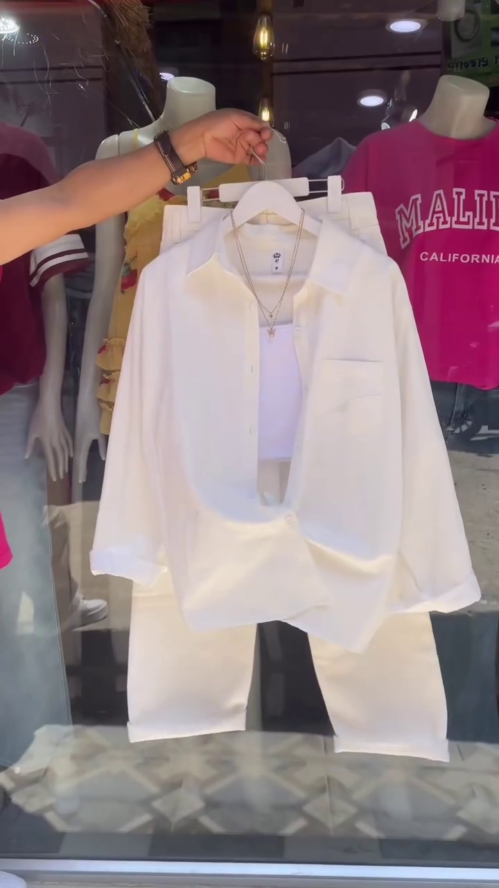 Bold Streetwear Statement: Hot Pink Oversized Button-Down Shirt Set with White Top & Trousers