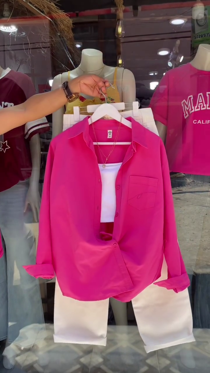 Bold Streetwear Statement: Hot Pink Oversized Button-Down Shirt Set with White Top & Trousers