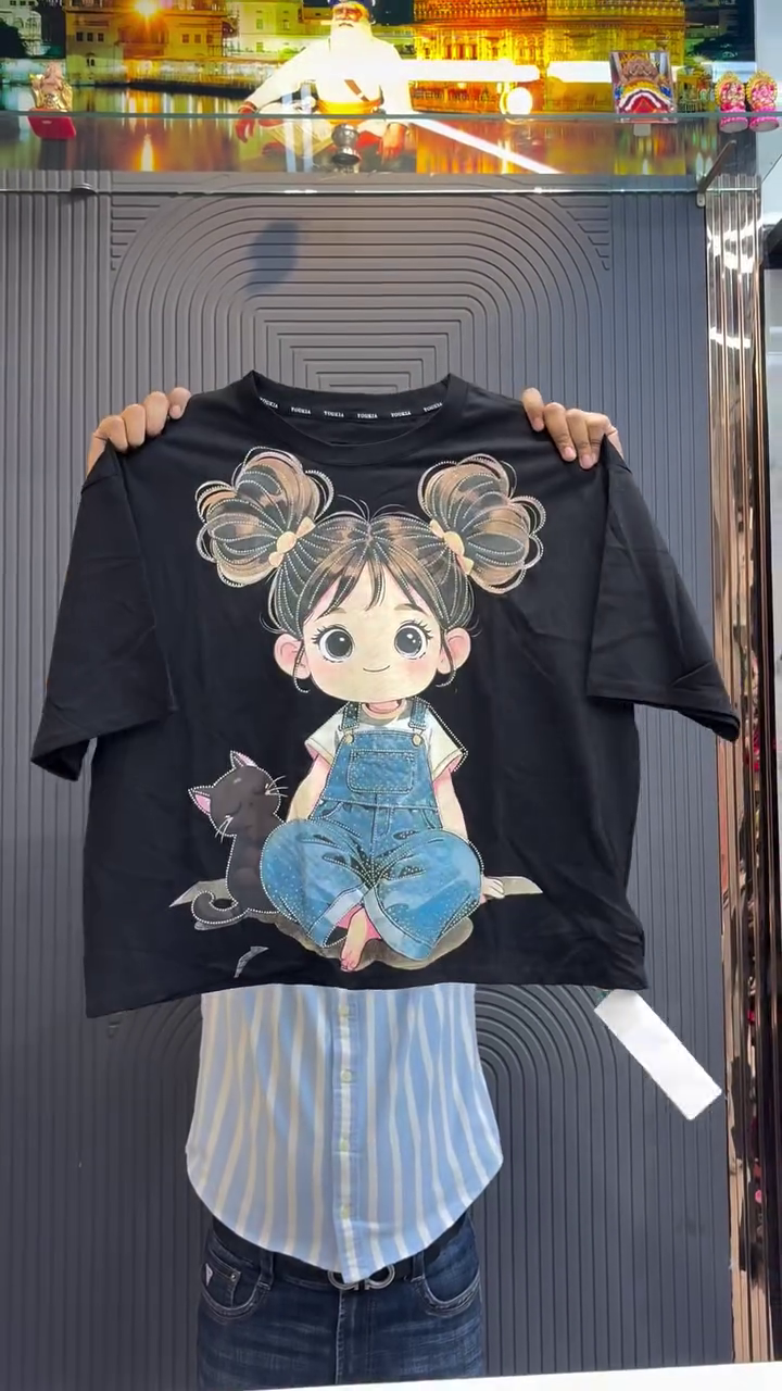 Cute & Comfy Everyday Style: Pink Oversized T-Shirt for Girls with Cartoon Girl & Cat Graphic