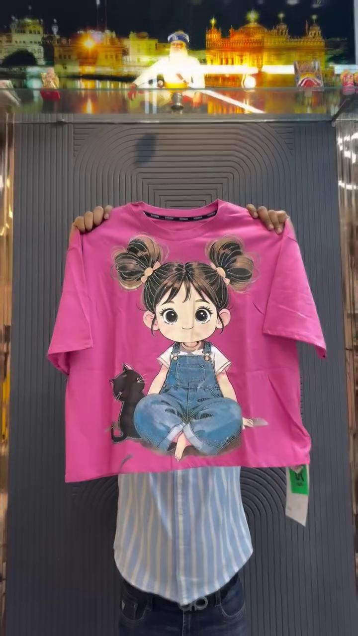 Cute & Comfy Everyday Style: Pink Oversized T-Shirt for Girls with Cartoon Girl & Cat Graphic