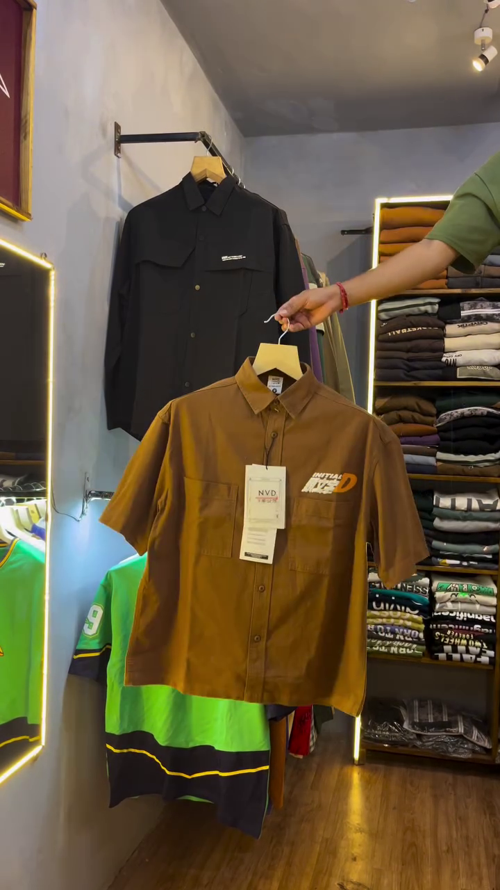 Urban Edge Style: Brown Casual Shirt with Stylized Flame Chest Logo