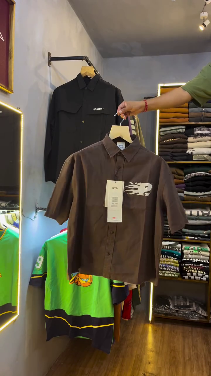 Urban Edge Style: Brown Casual Shirt with Stylized Flame Chest Logo