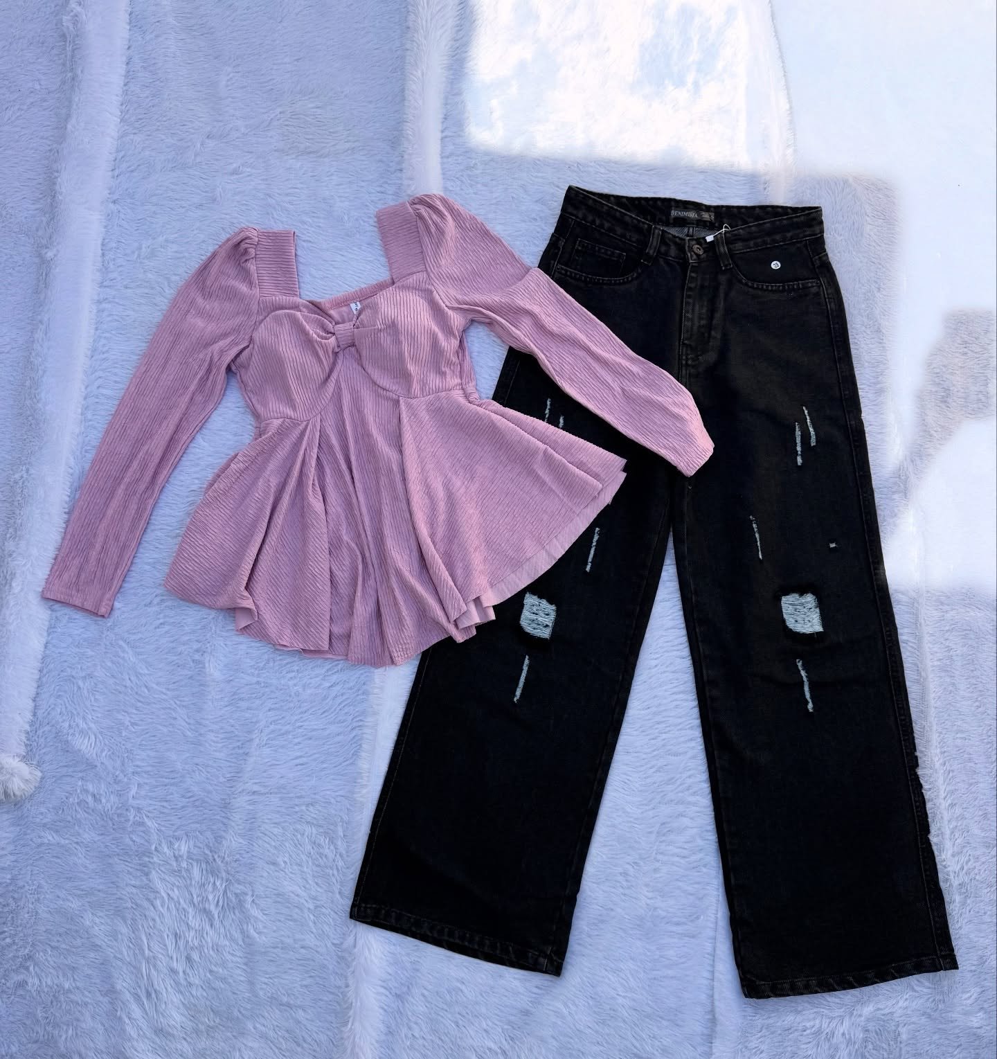 Elegant Contrast Style: Purple Square-Neck Peplum Top Paired with Black Wide-Leg Jeans