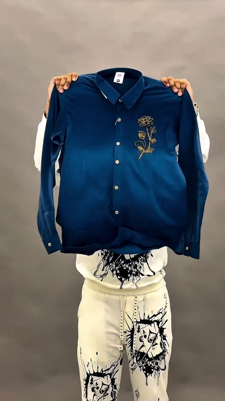 Luxury Evening Statement: Navy Blue Premium Satin Embroidered Designer Party Wear Shirt for Men