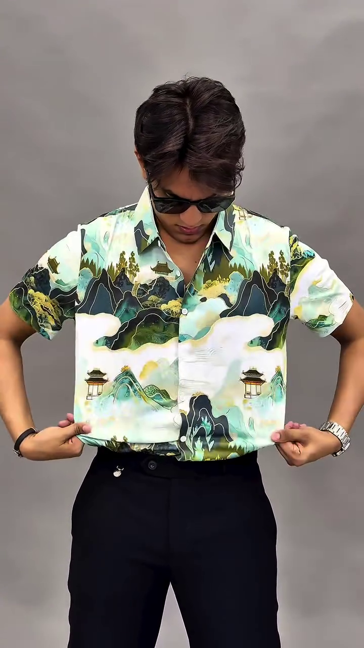 Art-Inspired Street Style: Japanese-Inspired Print Short-Sleeve Button-Down Shirt