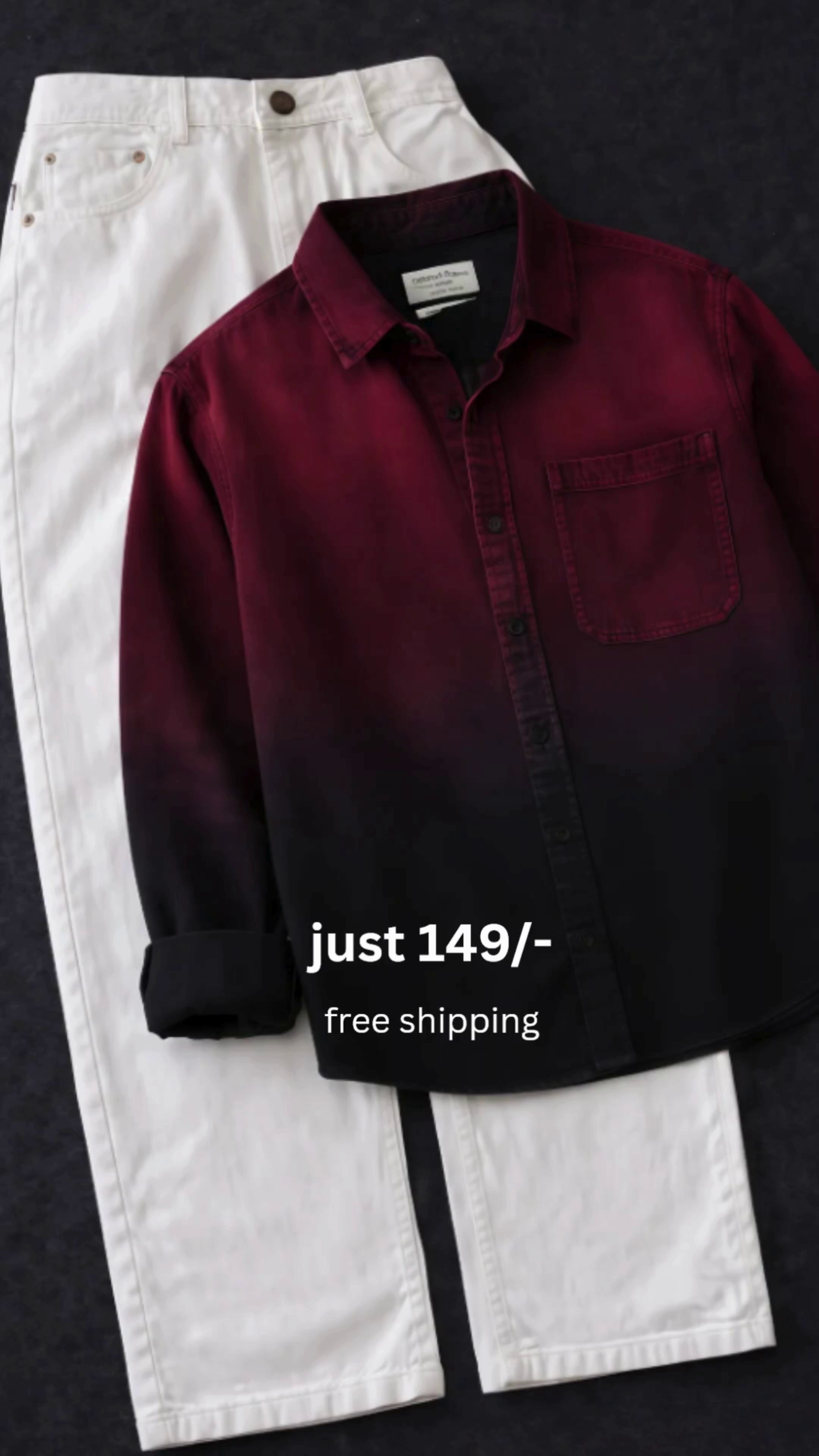 Modern Contrast: Ombre Maroon-to-Black Shirt with Crisp White Trousers