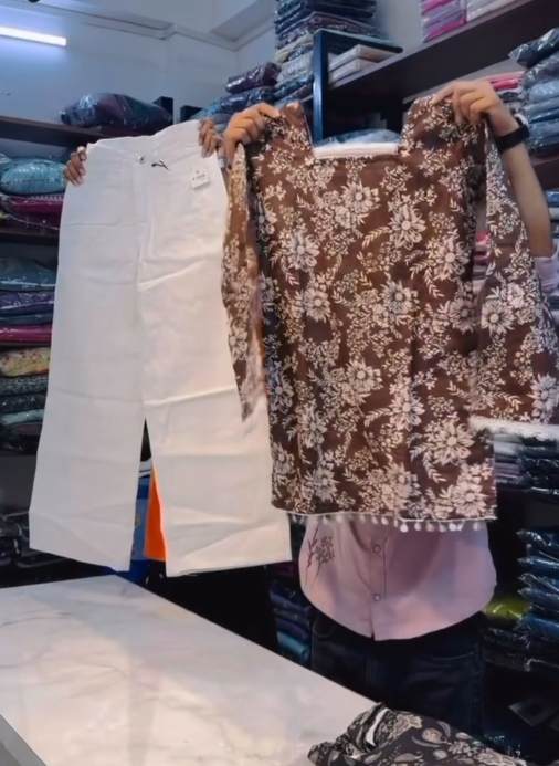Fresh Ethnic Vibes: Leaf-Print Kurti with White Palazzo