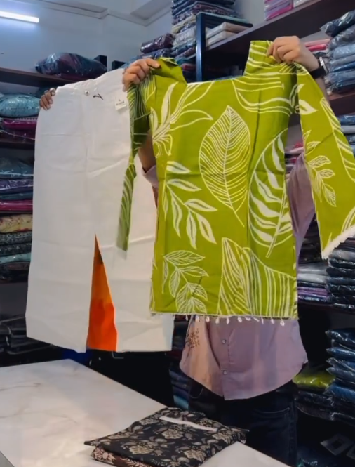 Fresh Ethnic Vibes: Leaf-Print Kurti with White Palazzo