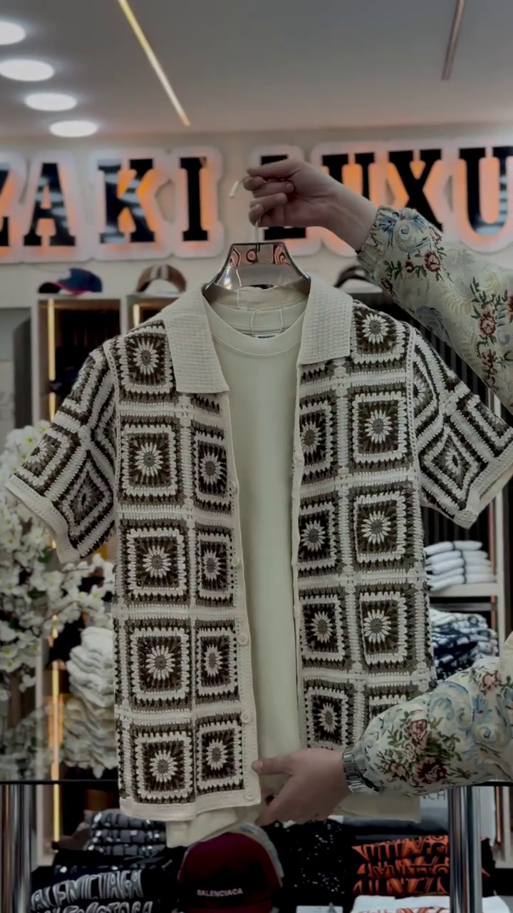 Retro Knit Vibes: Geometric Crochet Shirt Layered Over Classic Tee