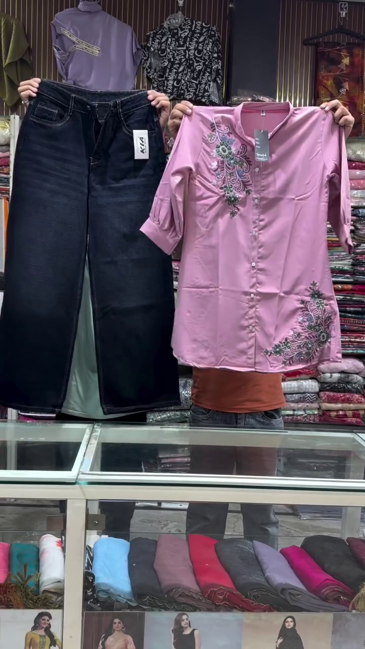 Fusion Flair: Embroidered Lime Kurti with Classic Black Denim Jeans