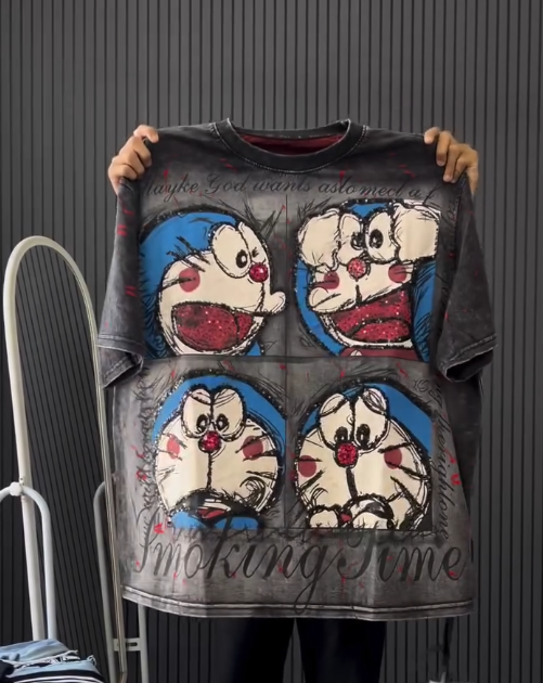 Streetwear Combo: Cartoon Graphic Oversized Tee with Patchwork Denim Joggers