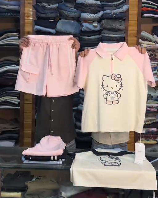 Cute & Comfy: Pink Co-Ord Set with Cartoon Graphic Tee