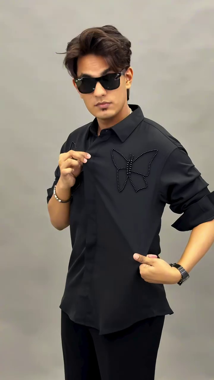 Men’s White Party Wear Shirt with Butterfly Stonework – Elegant Detail, Statement Style