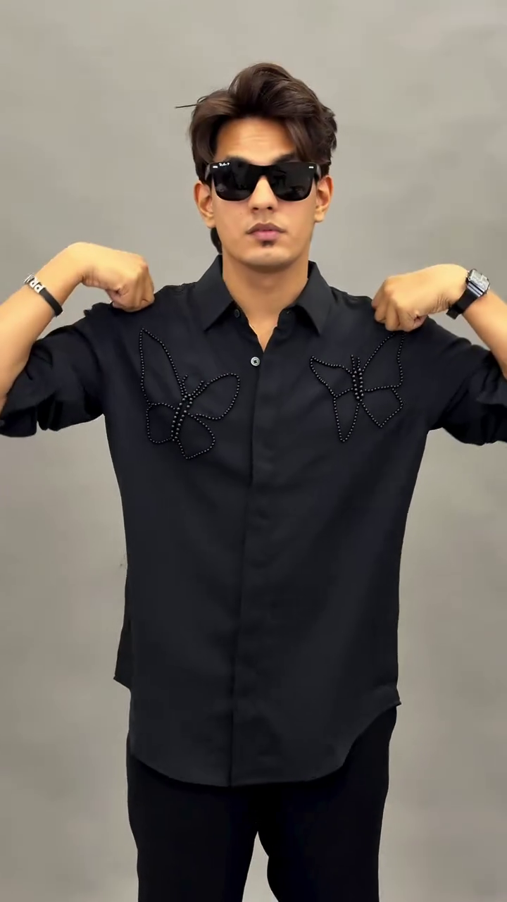Men’s White Party Wear Shirt with Butterfly Stonework – Elegant Detail, Statement Style