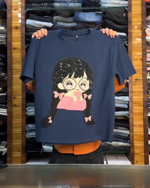 Women’s White Cotton T-Shirt with Sparkly Cartoon Graphic – Playful Glam, Everyday Comfort