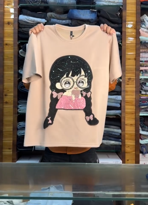Women’s White Cotton T-Shirt with Sparkly Cartoon Graphic – Playful Glam, Everyday Comfort