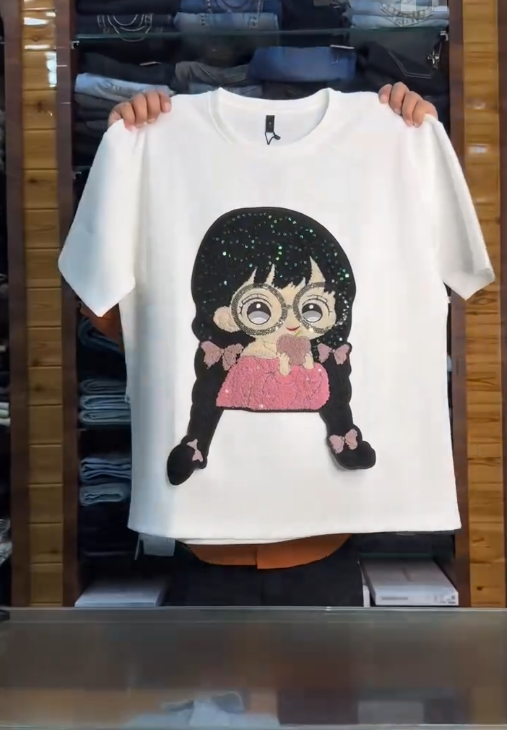 Women’s White Cotton T-Shirt with Sparkly Cartoon Graphic – Playful Glam, Everyday Comfort