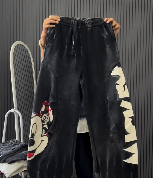 Imported Baggy Denim Jeans with Cartoon Puppy Graphic – Playful Streetwear Vibe