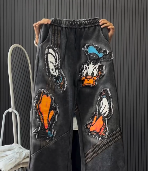 Imported Baggy Denim Jeans with Cartoon Puppy Graphic – Playful Streetwear Vibe