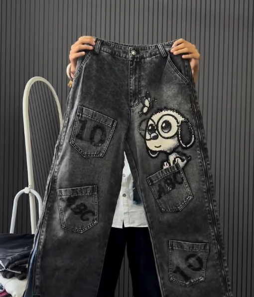 Imported Baggy Denim Jeans with Cartoon Puppy Graphic – Playful Streetwear Vibe