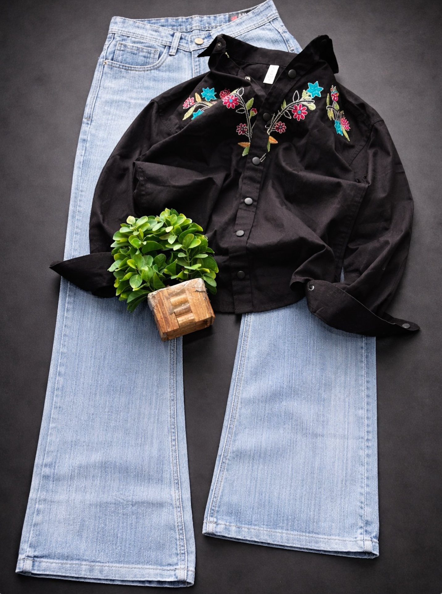 Styli Black Oversized Embroidered Long Sleeve Shirt with Denim Combo – Effortless Street Style at Just ₹149!
