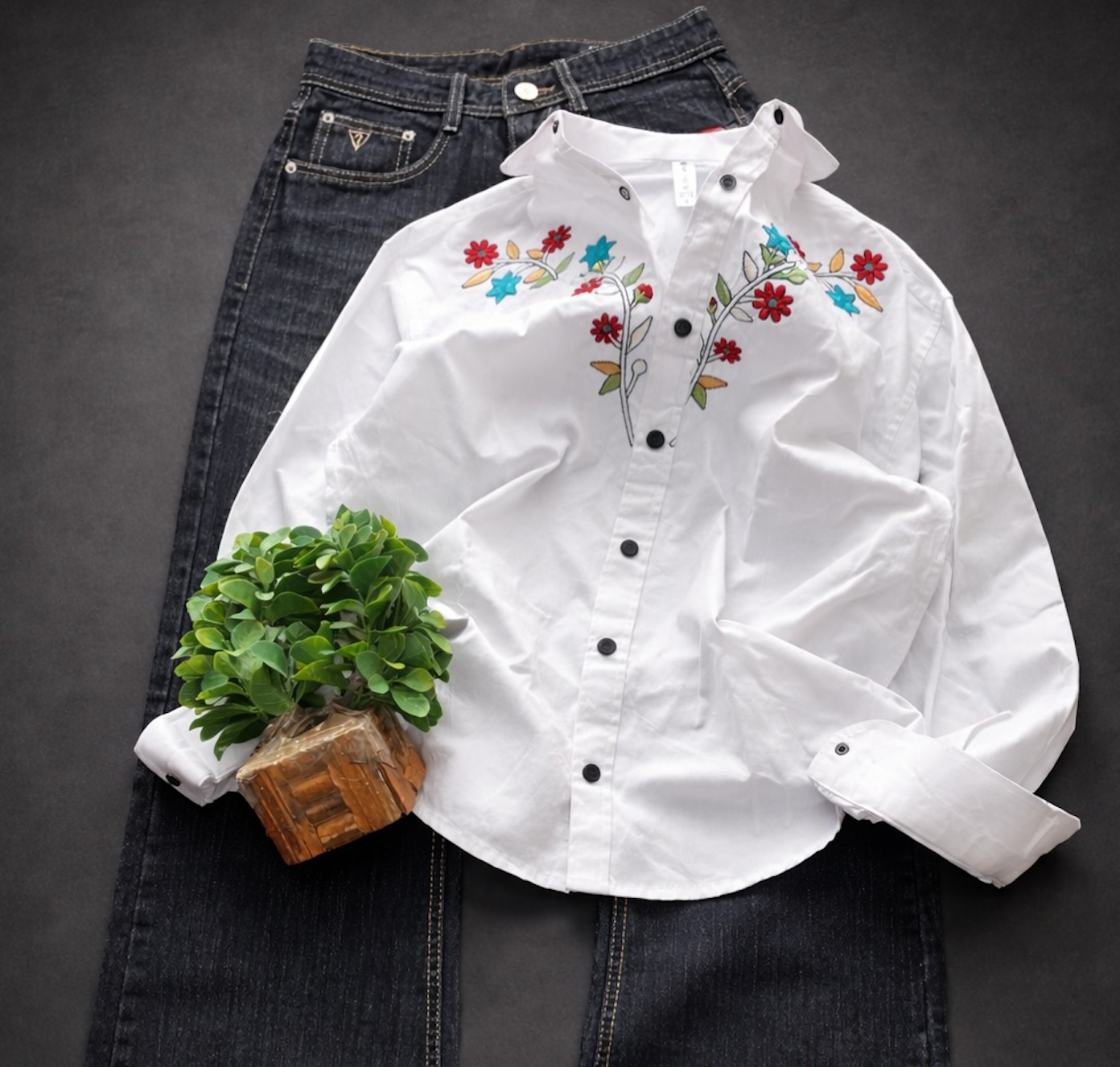 Styli Black Oversized Embroidered Long Sleeve Shirt with Denim Combo – Effortless Street Style at Just ₹149!