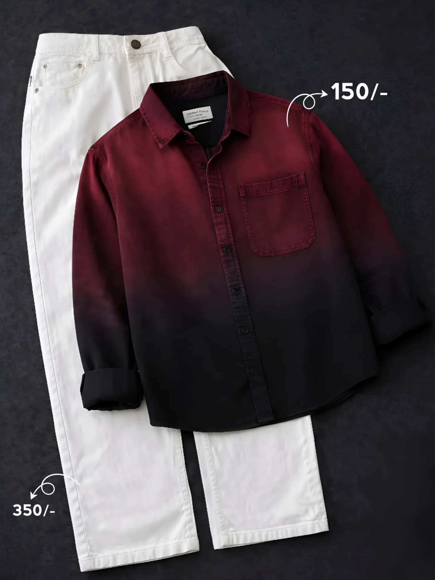 Black Ombre Denim Shirt & White Trousers at Just ₹149