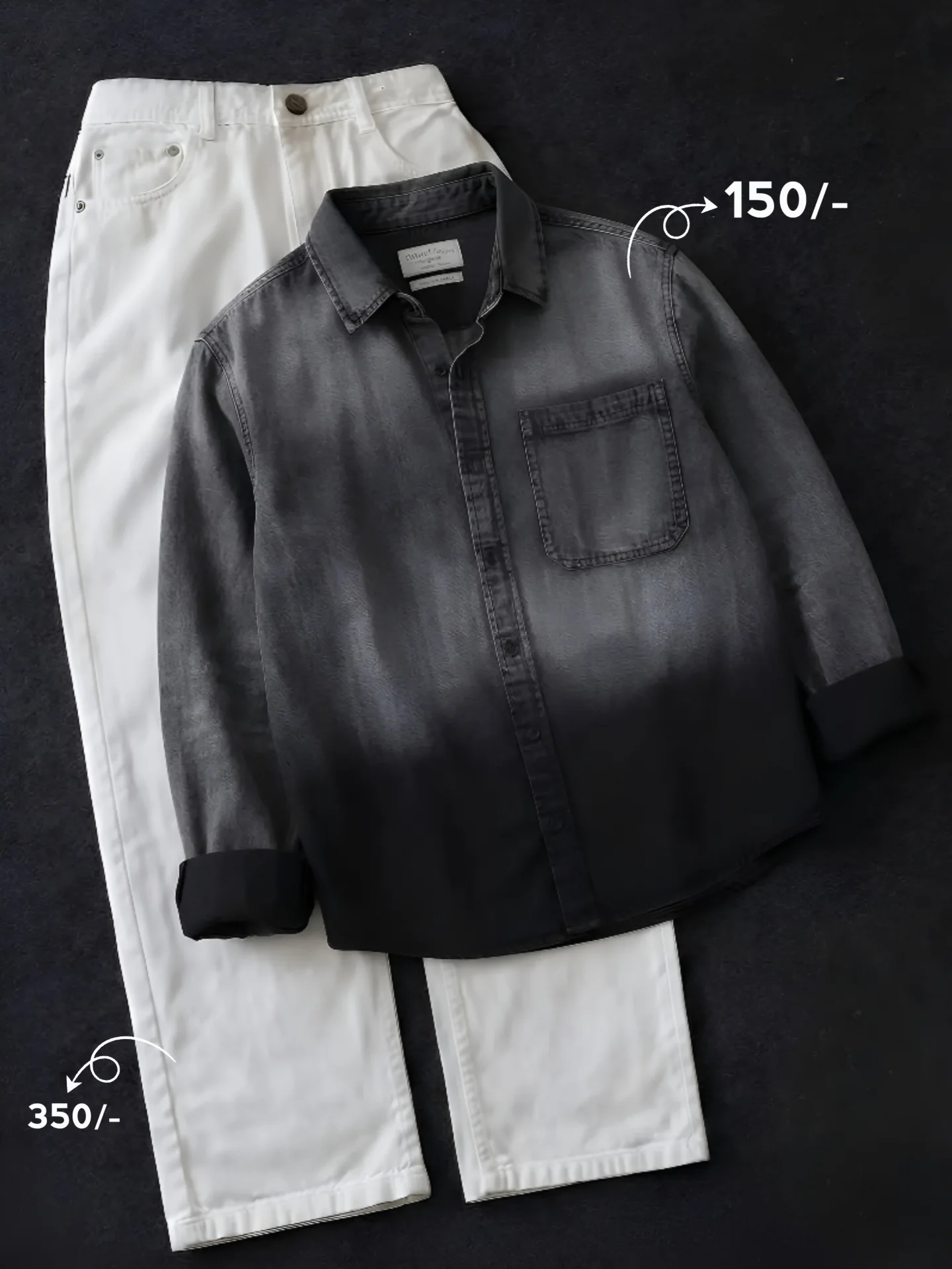 Black Ombre Denim Shirt & White Trousers at Just ₹149