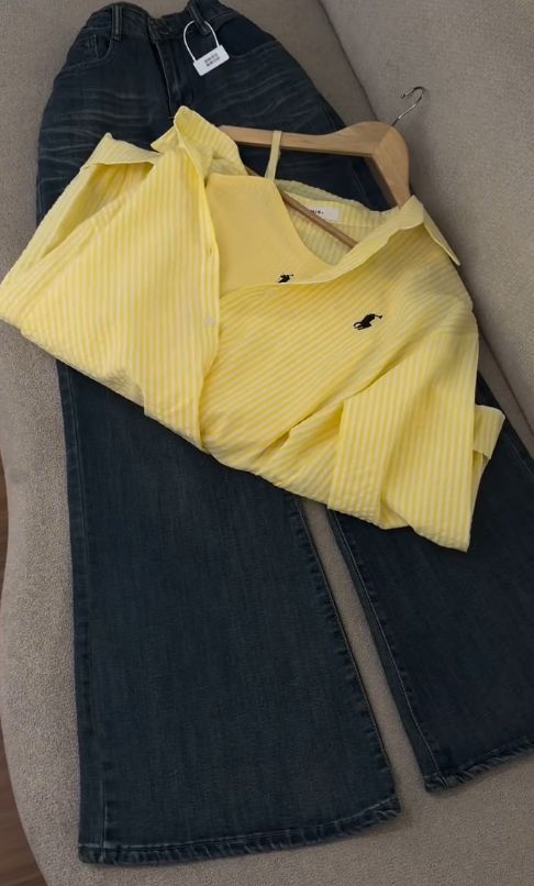 Bright & Bold Everyday Fit – Yellow Layered Shirt Set with Flare Jeans at Just ₹149!