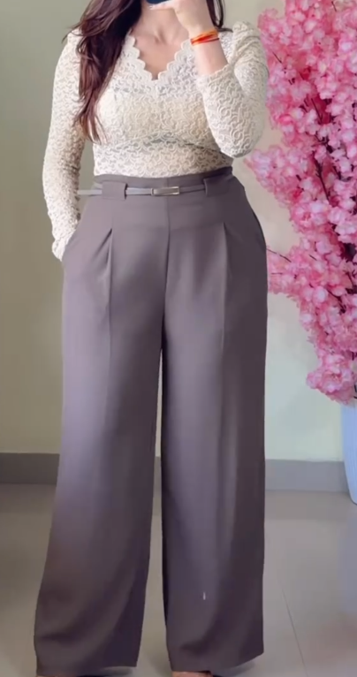 Chic & Classy Elegance – White High-Waist Wide-Leg Pleated Trousers with Belt at Just ₹99!