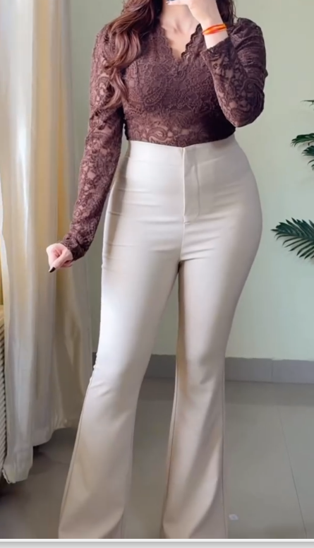 Sculpted Elegance – High-Waisted Flared Trousers in White & Apricot at Just ₹149!
