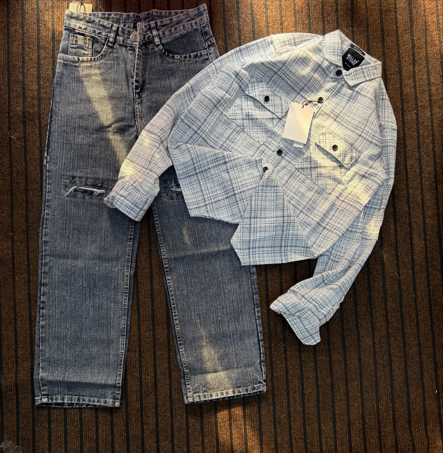 Classic Street Style – Blue Plaid Flannel Shirt with Distressed Grey Jeans at Just ₹99!